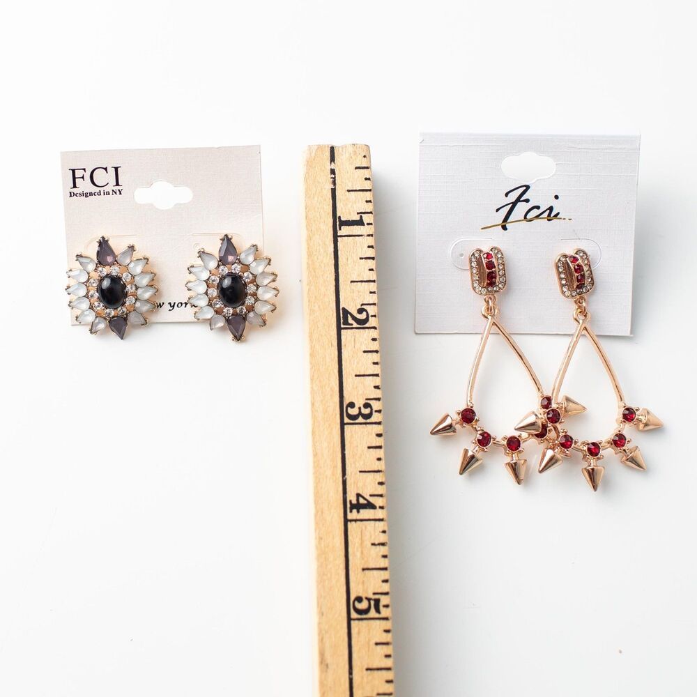 FCI Earrings Lot of 2 Pairs Statement Studs Rhinestone Spike Dangle Gold Tone